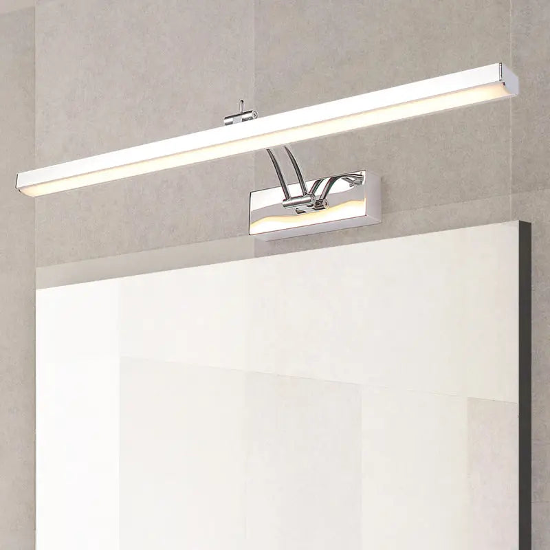 Modern chrome stainless steel stick vanity light fixture with rectangular led mirror light and adjustable arm for bathroom