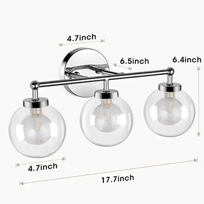Modern chrome three light iron wall lamps with clear glass globe shades for bathroom vanity lighting