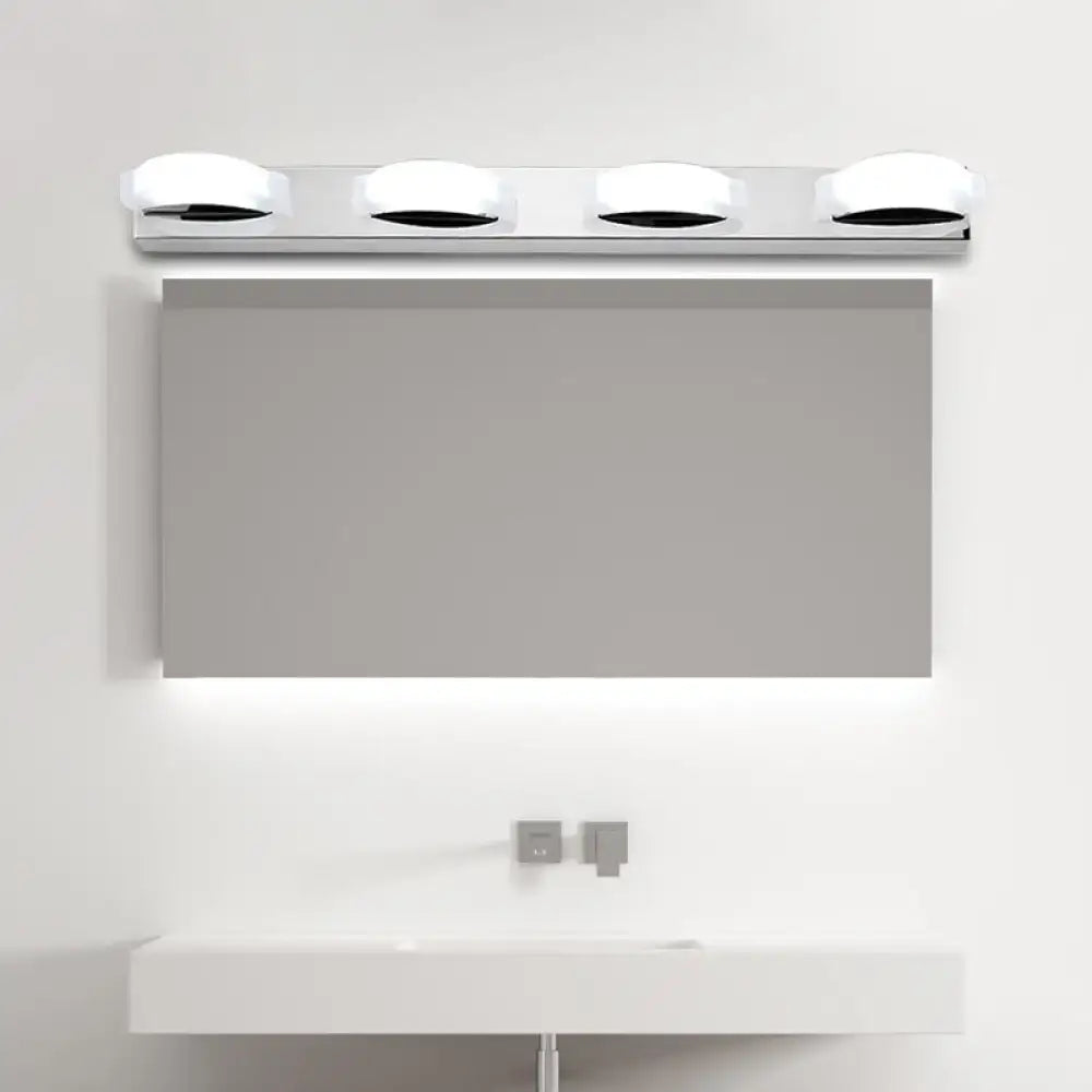 Modern chrome three light vanity mirror light with four white warm color diffusers and warm color temperature