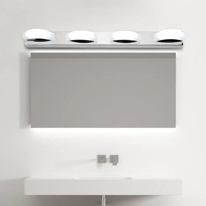 Modern chrome three light vanity mirror light with four white warm color diffusers and warm color temperature