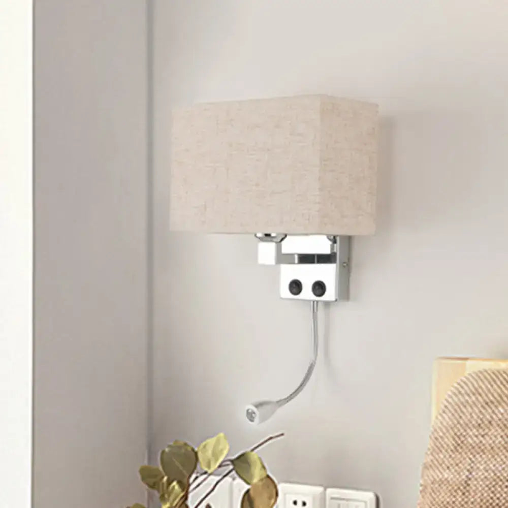 Beige rectangular fabric lampshade wall lamp with modern chrome finish and adjustable gooseneck reading light for bedroom