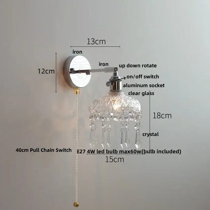 Modern chrome wall light with polished iron base aluminum socket clear glass shade and crystal droplets for bedroom decorbites ceramic led wall