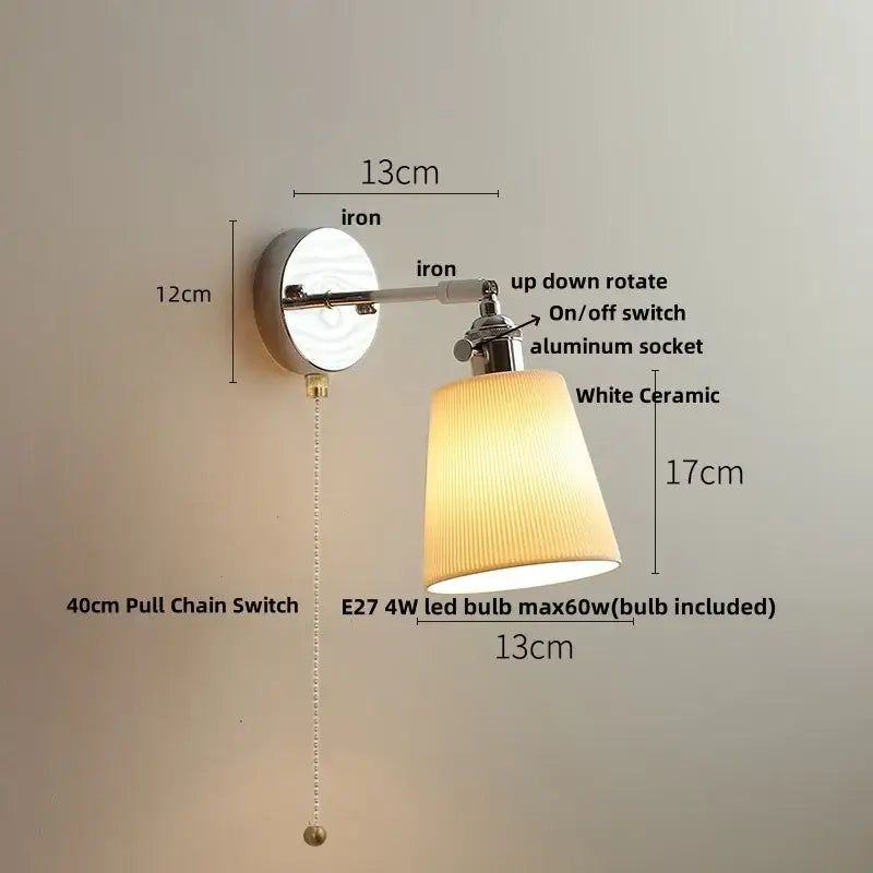Modern chrome wall light with polished iron arm and decorbites ceramic led white shade for bedroom use