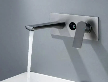 Modern chrome wall mounted basin faucet with brass valve core and digital temperature display in brushed stainless steel