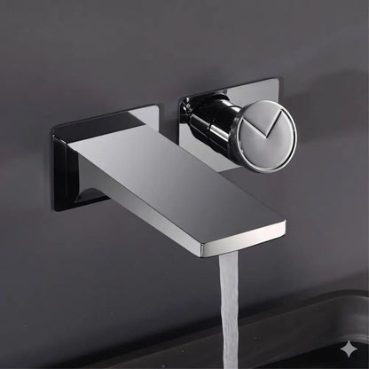Modern chrome wall mounted basin faucet with sleek angular design, brass valve core, and circular handle with v-shaped indentation