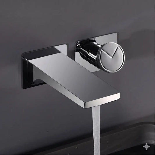 Modern chrome wall mounted basin faucet with sleek angular design, brass valve core, and circular handle with v-shaped indentation