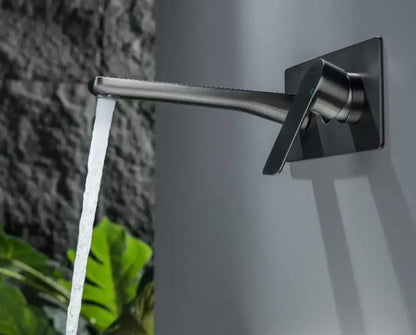 Modern matte black wall-mounted basin faucet with brass valve core and sleek single lever handle for bathroom use