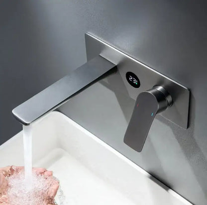 Modern matte black basin faucet with brass valve core and digital temperature display for bathroom use