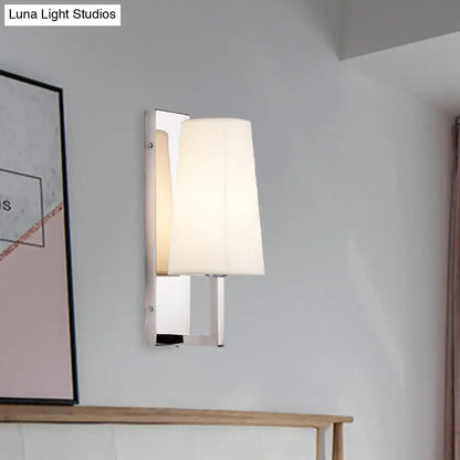 Modern chrome wall sconce light with sleek chrome finish and handmade cone fabric shade for bedroom lighting
