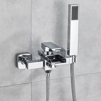 Modern chrome waterfall bathtub shower faucet with rectangular handheld spray head and flexible metal hoses