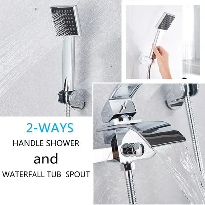 Modern chrome waterfall bathtub shower faucet with square handheld showerhead and chrome 2-way shower faucet system