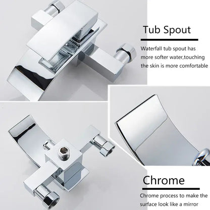 Modern chrome waterfall bathtub shower faucet with handheld showerhead and sleek geometric tub spout design