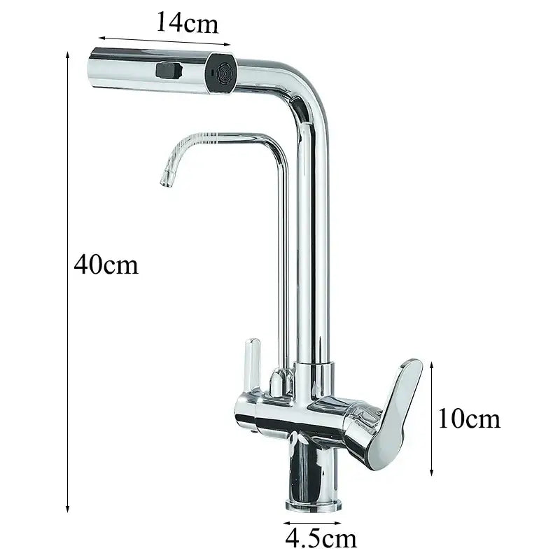 Modern chrome waterfall kitchen faucet with pull out spray head and two handles featuring a sleek design
