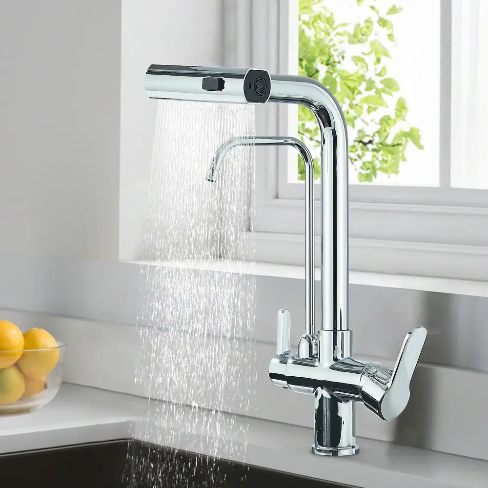 Modern chrome waterfall kitchen faucet with a sleek high-arc design and integrated pull out spray nozzle