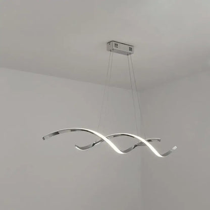 Modern chrome wave led island lighting with intertwined wave arms emitting bright white light for kitchen pendant use