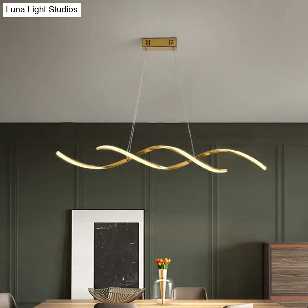 Gold-colored modern led island lighting with sleek twisted design in chrome for kitchen pendant illumination