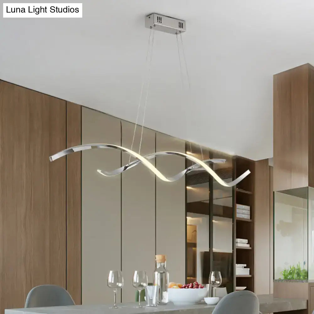 Modern chrome wave led island lighting with sleek silver metallic pendant and integrated led lighting for kitchen island lighting