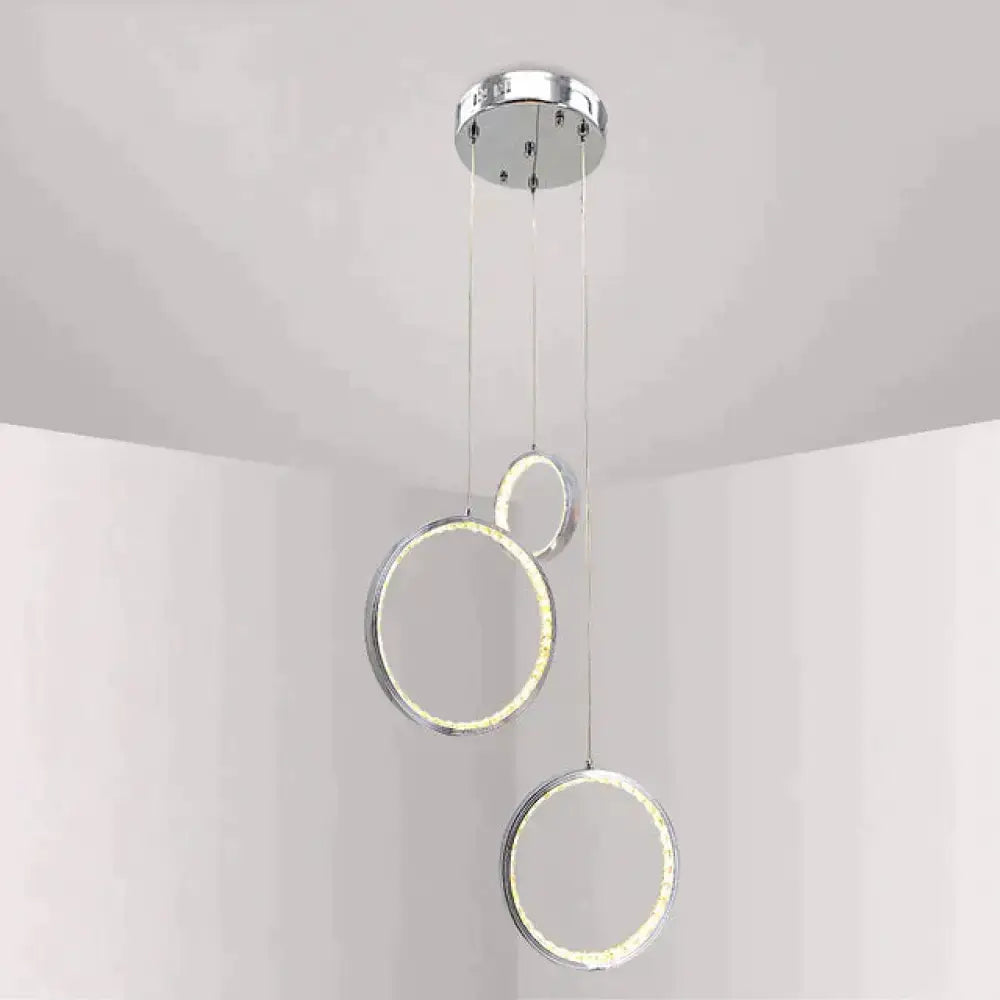 Modern chrome pendant lamp with three glowing circle led crystal rings for dining room and living room lighting