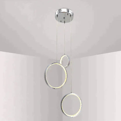 Modern chrome pendant lamp with three glowing circle led crystal rings for dining room and living room lighting