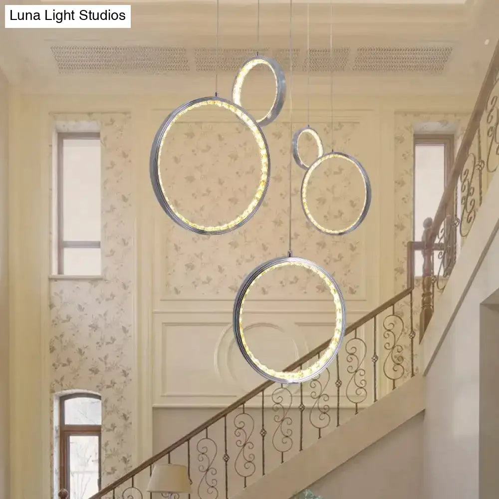 Modern chrome finished circle led crystal pendant lamp with embedded led rings for dining room and living room lighting