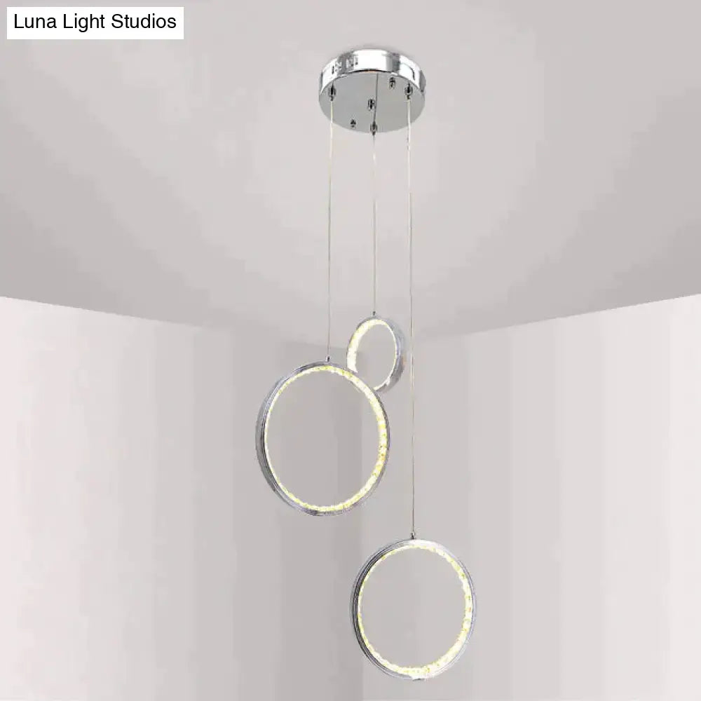 Modern chrome circle led crystal pendant lamp with three glowing rings for dining and living room lighting