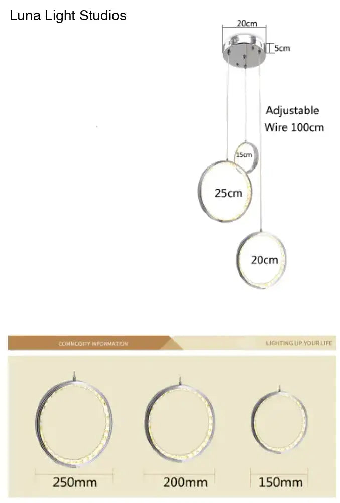 Decorbites™ circle led crystal pendant lamp with three silver rings and adjustable wires for dining or living room lighting