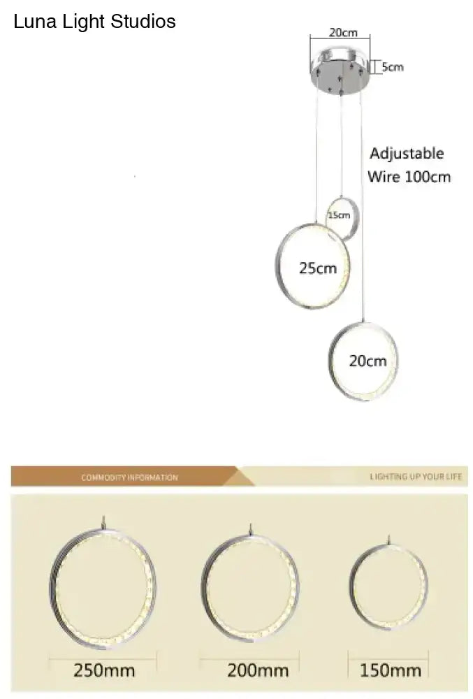 Silver circular circle led crystal pendant lamp with adjustable wire and three hanging rings for living room lighting