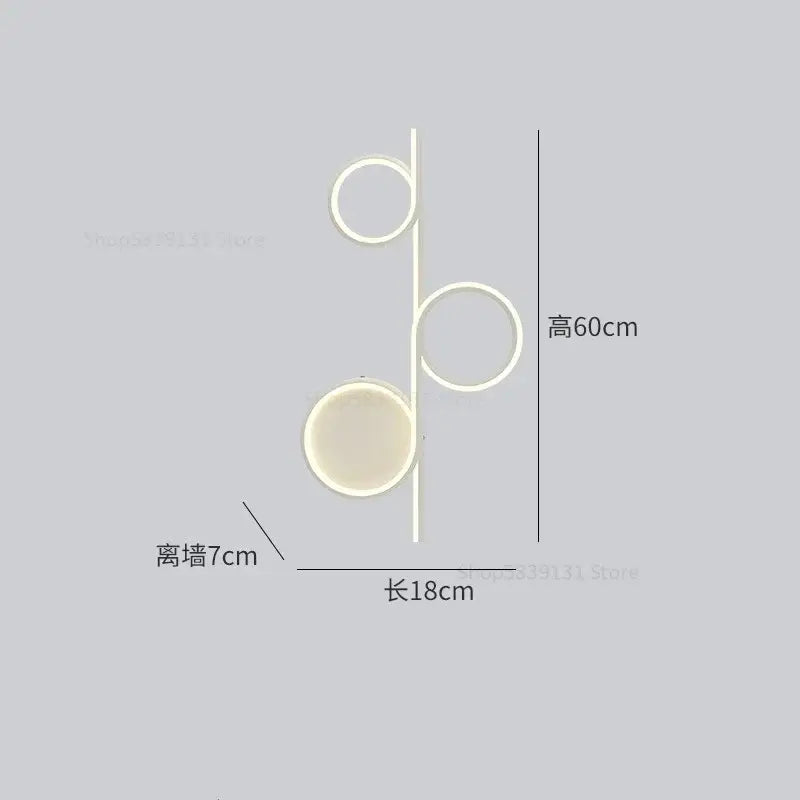 Modern circle straight bar wall lamp with three warm led circular fixtures on a slender metallic rod for decorbites
