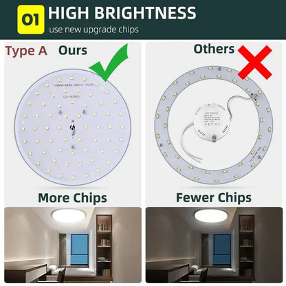 Modern circular black and white led ceiling light with a white flat panel and yellowish leds grid for bathroom decorbites ceiling light