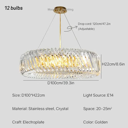Modern circular crystal led ceiling chandelier with 12 bulbs made of golden stainless steel for dining room decorbites crystal led