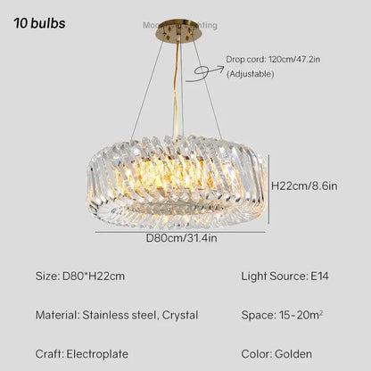 Modern circular crystal led ceiling chandelier with 10 bulbs made of gold stainless steel for dining room decorbites crystal led