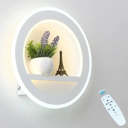 Modern white oval dimmable led wall lamp with remote control, circular design, built-in shelf, and decorative lavender plants