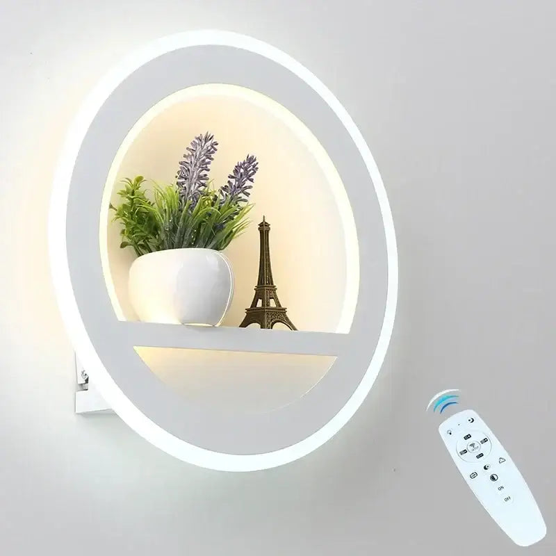 Modern white oval dimmable led wall lamp with remote control, circular design, built-in shelf, and decorative lavender plants