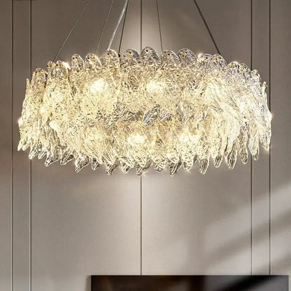 Modern circular glass petal led chandelier with clear textured glass petals for dining room lighting
