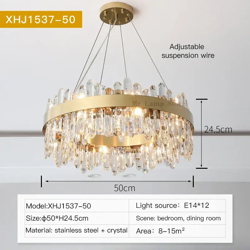 Modern circular gold decorbites crystal chandelier with cascading clear crystal droplets and stainless steel frame for living room