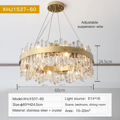 Modern circular gold decorbites crystal chandelier with cascading droplets and stainless steel frame for living room decor