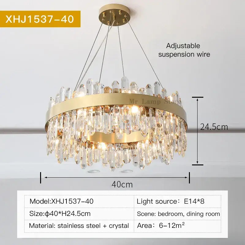 Modern circular gold decorbites crystal chandelier with cascading crystal droplets and stainless steel frame for living room