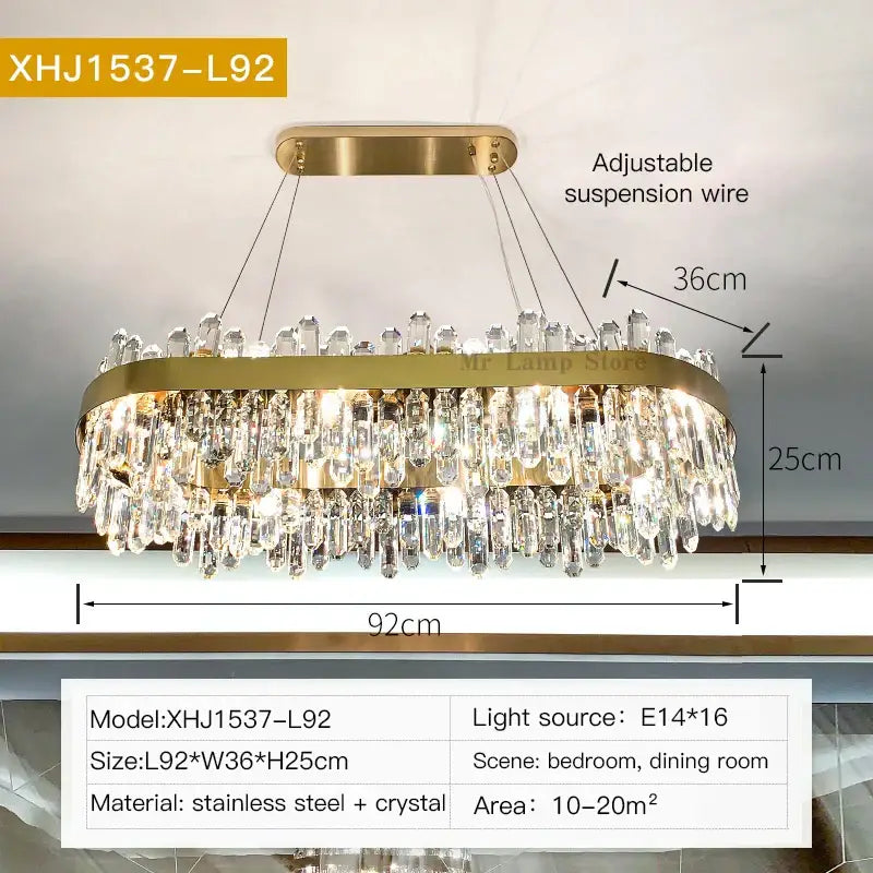 Modern circular gold decorbites crystal chandelier featuring gold-toned oval frame with cascading crystal droplets for living room