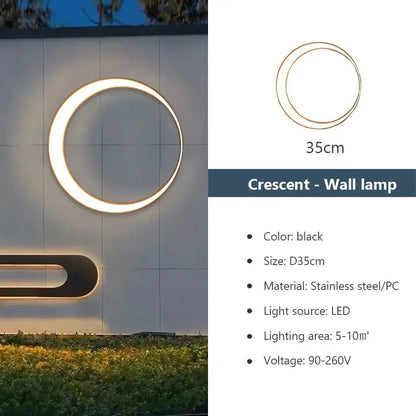 Modern circular led wall lamp black crescent shaped with stainless steel and pc frame for outdoor space decorbites elegant curved lighting