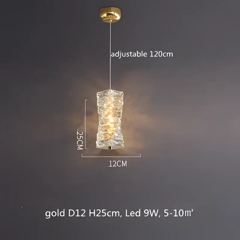 Gold-colored cylindrical pendant light with textured crystal design and adjustable 120cm hanging length for modern decorbites dimmable crystal chandelier
