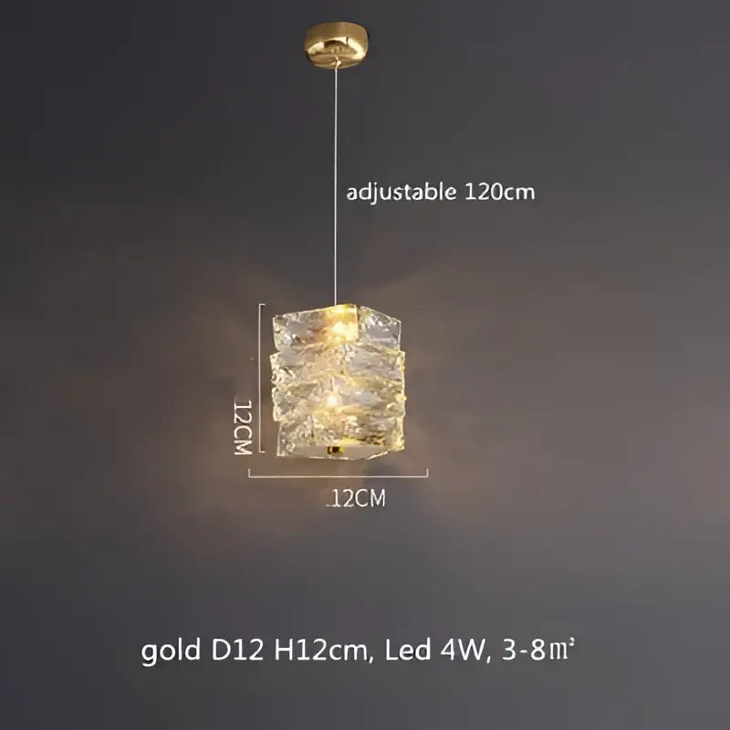 Modern gold-colored cube-shaped pendant light with crystal-encrusted design and adjustable 120cm hanging length decorbites dimmable crystal chandelier
