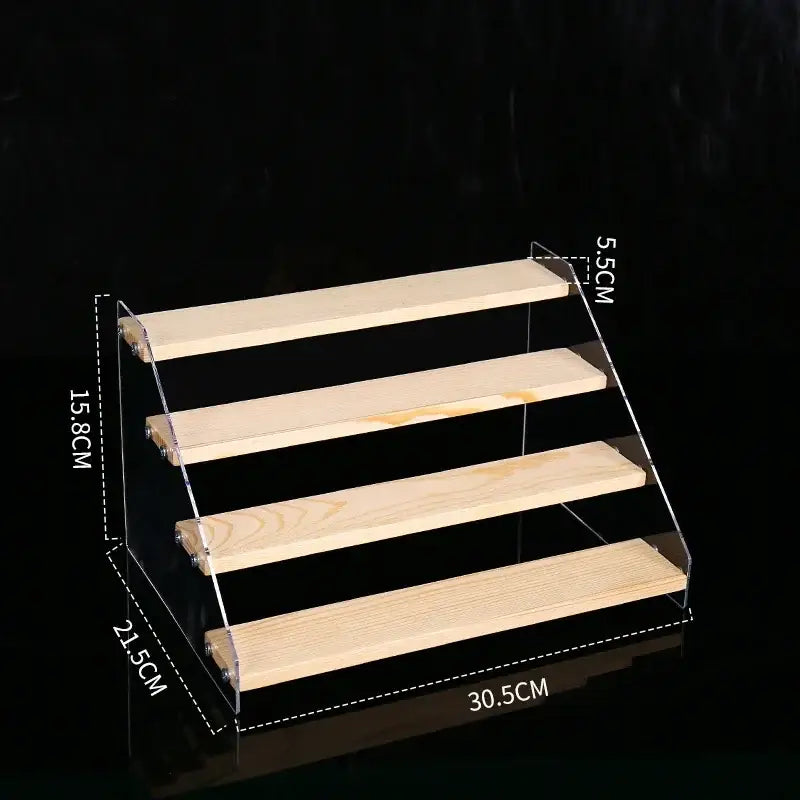 Modern clear acrylic and wood makeup organizer display featuring four light-colored wooden shelves for bedroom storage decorbites acrylic makeup