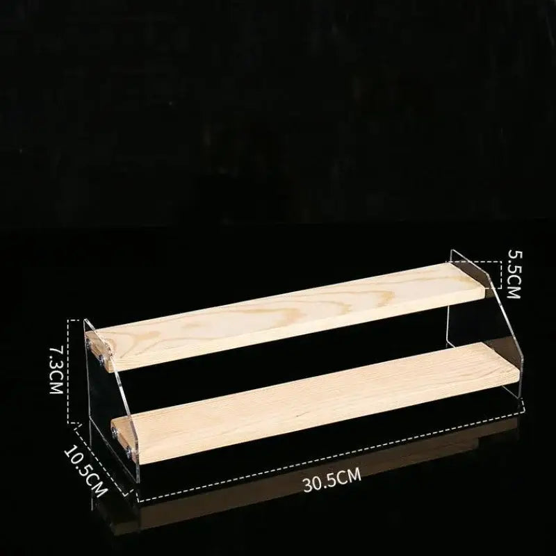 Two-tiered modern acrylic makeup organizer display with clear acrylic sides and natural wood for bedroom storage by decorbites