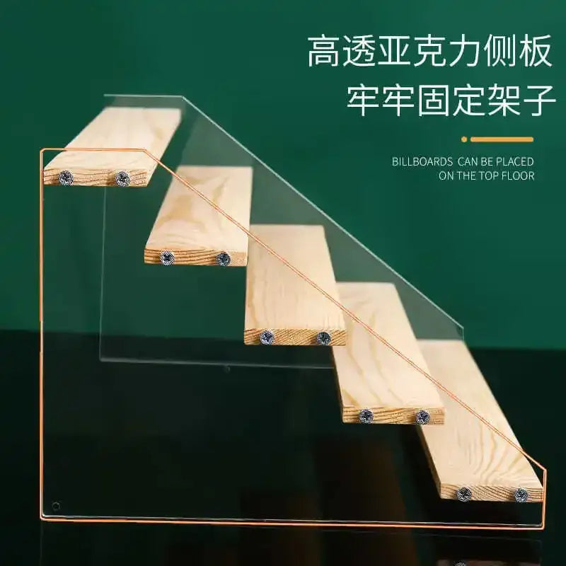 Modern clear acrylic and wood makeup organizer display with sturdy wooden steps and clear acrylic side panels decorbites acrylic makeup