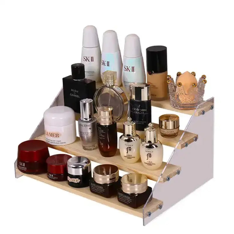 Modern clear acrylic and wood makeup organizer display holding luxury skincare and makeup products for bedroom storage decorbites acrylic makeup