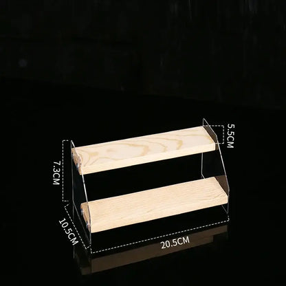 Minimalist two-tiered acrylic makeup organizer display with light wood shelves for bedroom storage decorbites acrylic makeup