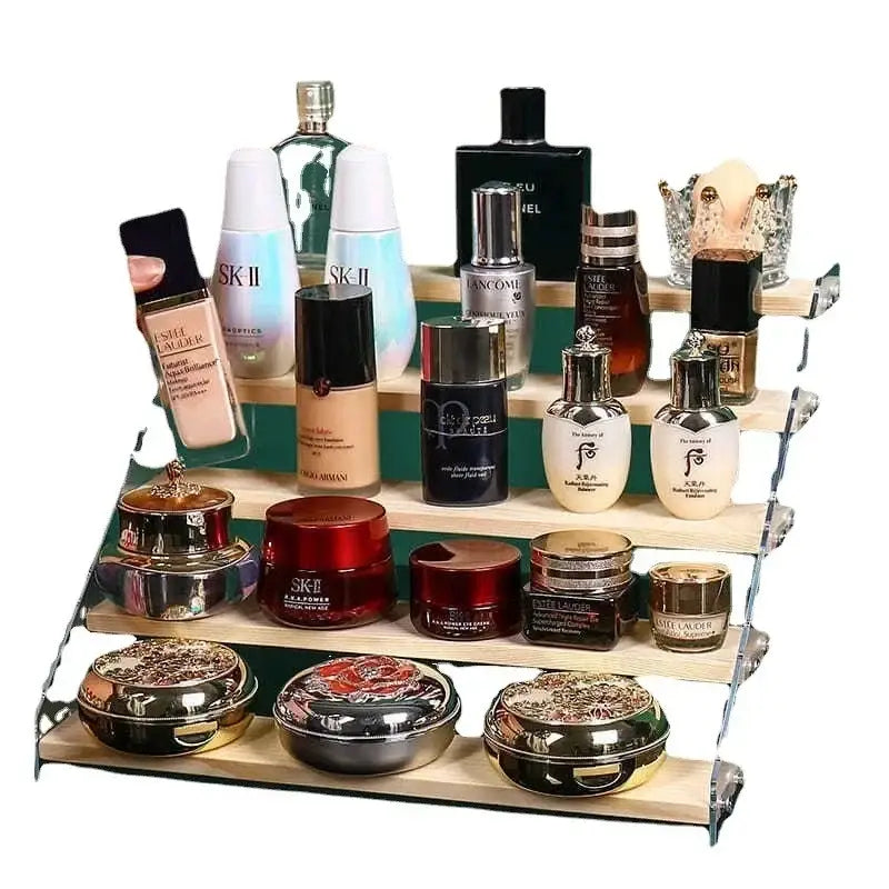 Modern clear acrylic and wood multi-tiered makeup organizer display featuring luxury skincare for bedroom storage decorbites acrylic makeup