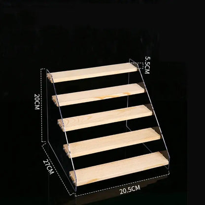Modern clear acrylic and wood makeup organizer display with five light-colored wooden shelves for decorbites acrylic makeup