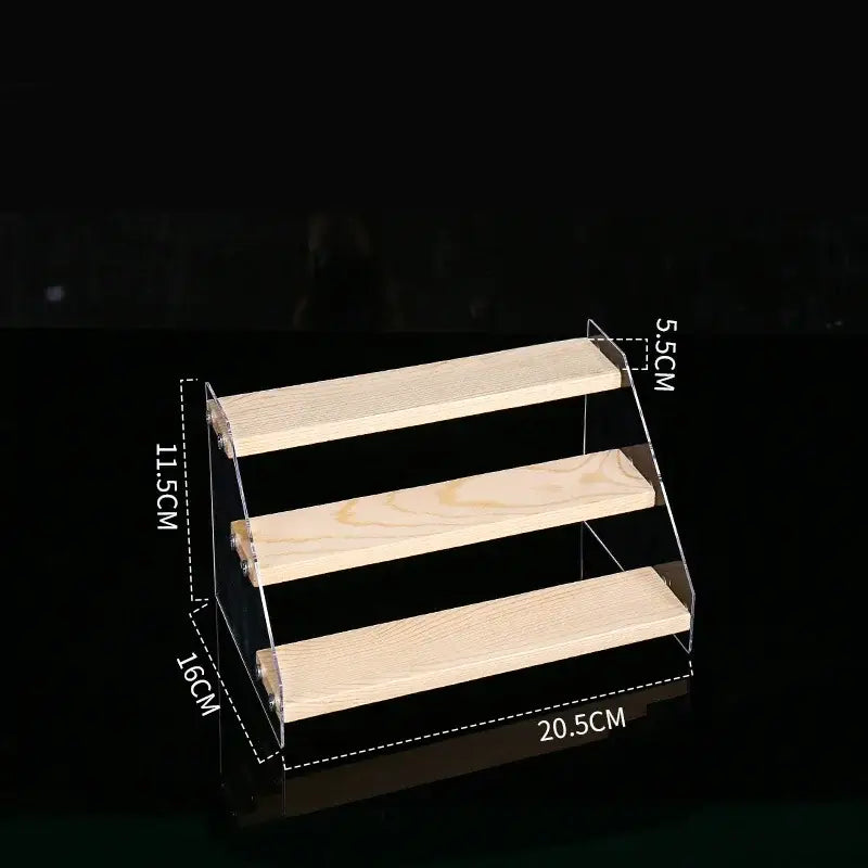 Modern clear acrylic and wood three tiered makeup organizer display with light wood shelves for decorbites acrylic makeup storage