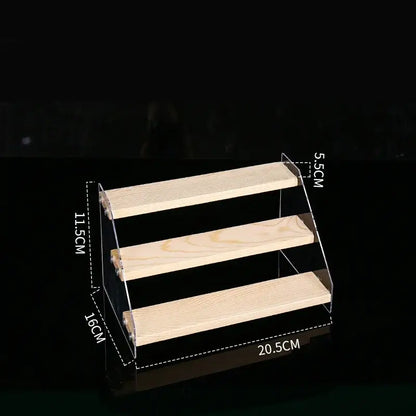 Modern clear acrylic and wood three tiered makeup organizer display with light wood shelves for decorbites acrylic makeup storage